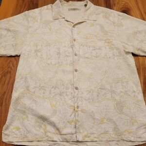 Tommy Bahama Cream and Gray Patterned Shirt 100% Silk Large